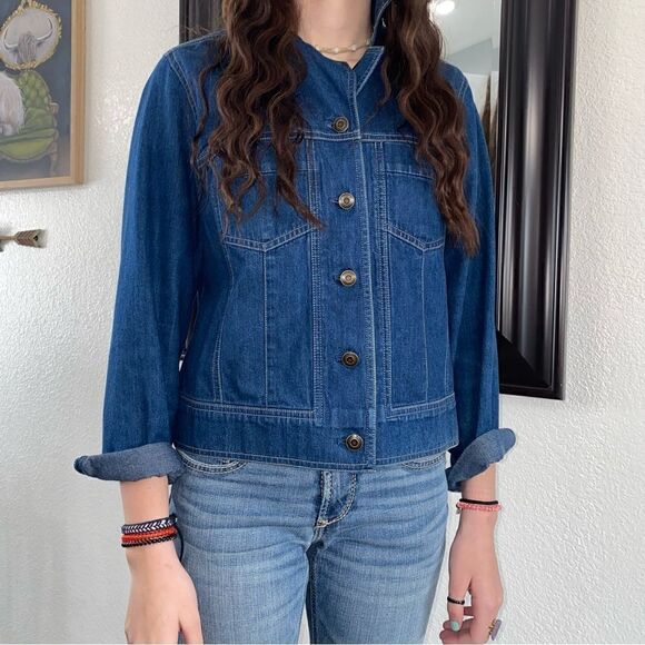 Talbots Petites Womens Collared Long Sleeve Button Front Denim Jacket Blue Small - Picture 1 of 10